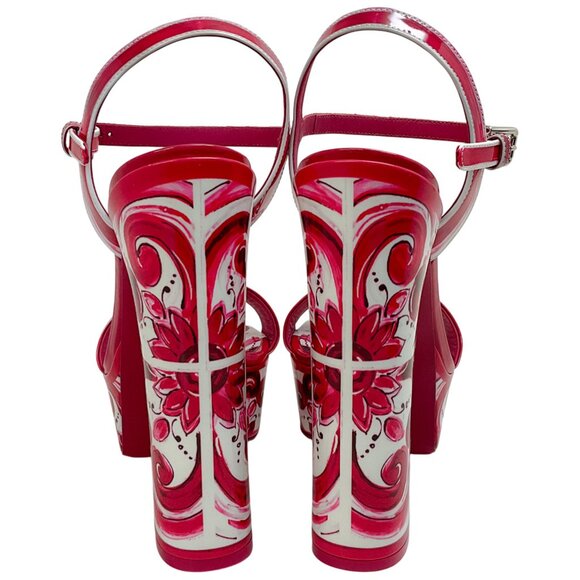 Dolce & Gabbana Fuchsia / White Patent Leather Tile Print Platform Sandals - Picture 5 of 10